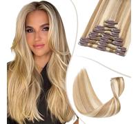 TESS Clip in Hair Extensions Real Human Hair 8 Pieces 18 Clips Natural Straight Handmade Seamless Instant Volume & Length for Women UK #12P613 Golden Brown & Bleach Blonde #18 inch 140g