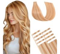 TESS Hair Extensions Tape In Human Hair Real Hair Invisible Thin Type 10 Pcs 15G Lightweight For Highlight Straight Short - #12P613 Golden Brown & Bleach Blonde - 12 Inch