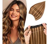 TESS Halo & Clip in Hair Extension 100% Real Human Hair Wig One Piece Adjustable Invisible Transparent Wire with 2 Secure Clips for Women UK #4P27 Medium brown＆Dark blonde 22 inch 75g