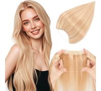 TESS Halo & Clip in Hair Extension 100% Real Human Hair Wig One Piece Adjustable Invisible Transparent Wire with 2 Secure Clips for Women UK #18P613 Ash Blonde & Bleach Blonde #16 inch