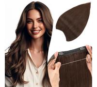 TESS Halo & Clip in Hair Extension 100% Real Human Hair Wig One Piece Adjustable Invisible Transparent Wire with 2 Secure Clips for Women UK #02 Dark Brown 22 inch 75g