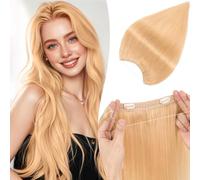 TESS Halo & Clip in Hair Extension 100% Real Human Hair Wig One Piece Adjustable Invisible Transparent Wire with 2 Secure Clips for Women UK #24 Natural Blonde 12 inch 55g