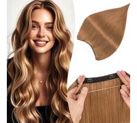 TESS Halo & Clip in Hair Extension 100% Real Human Hair Wig One Piece Adjustable Invisible Transparent Wire with 2 Secure Clips for Women UK #06 Light Brown 14 inch 60g