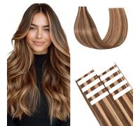 TESS Invisible Tape Hair Extensions Human Hair 100% Remy Real Hair Thin Type 10 Pcs 15G Lightweight Highlight Straight 12 Inch Short #4P27 Medium Brown＆Dark Blonde