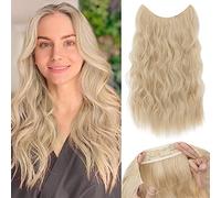 TESS Secret Wire Hair Extension Wavy Invisible One Piece Synthetic Hair Extensions Curly Full Thick Long Adjustable Hairpieces for Women (C# Golden With Bleach Blond, 20 Inch(Curly))