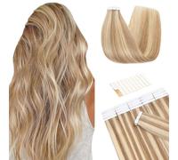 TESS Tape in Hair Extensions 100% Real Human Hair 20PCS Hair Loss Cover or Highlights Reusable Glue Tape Invisible Straight Hair Pieces for Women UK #12P613 Golden Brown & Bleach Blonde 22 Inch