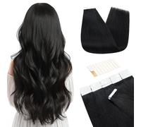 TESS Tape in Hair Extensions 100% Real Human Hair 20PCS Hair Loss Cover or Highlights Reusable Glue Tape Seamless Invisible Straight Hair Pieces for Women UK #01 Jet Black 22 Inch