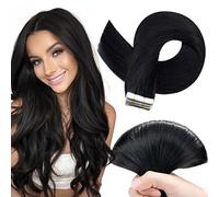 TESS Tape in Hair Extensions 100% Real Human Hair 20PCS Hair Loss Cover or Highlights Reusable Glue Tape Seamless Invisible Straight Hair Pieces for Women UK #1B Natural Black 16 Inch 30G