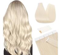 TESS Tape in Hair Extensions 100% Real Human Hair 20PCS Hair Loss Cover or Highlights Reusable Glue Tape Seamless Invisible Straight Hair Pieces for Women UK #60 Platinum Blonde 22 Inch 30G