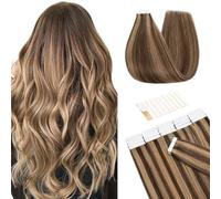 TESS Tape in Hair Extensions 100% Real Human Hair 20PCS Hair Loss Cover or Highlights Reusable Glue Tape Seamless Invisible Straight Hair Pieces for Women UK #4P27 Medium Brown＆Dark Blonde 16 Inch 30G