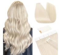 TESS Tape in Hair Extensions 100% Real Human Hair 20PCS Hair Loss Cover or Highlights Reusable Glue Tape Seamless Invisible Straight Hair Pieces for Women UK #70 Ultra Platinum Blonde 18 Inch