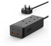 TESSAN 2M Black Extension Lead, 30W USB C Fast Charge Plug, 2 Way Plug Extension Socket with 4 USB Slots, 3250W MultiPlug Adaptor for Home, Office, School Supplies