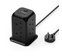 TESSAN 8 Way Black Tower Extension Lead 2M with 4 USB Slots (2 USB C) | Extension Lead 13A 3250W, Plug Socket Power Strip with Switch, Multiplug Adaptor with 2M Cable for Home, Office, School