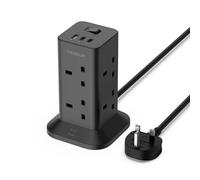 TESSAN Tower Black Extension Lead with 2 USB C Slots, 8 Way Multi Plug Extension Socket 2M Cable, Surge Protected Power Strip with Switch for Home, School Supplies
