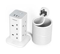 TESSAN Tower Extension Lead 10M with USB C Slots, 8 Way Multi Plug Extension Socket with Long Cable, Surge Protected Power Strip with Switch, for Home, School Supplies
