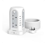 TESSAN Tower Extension Lead 5M with 5 USB Slots, 8 Way Power Strip | Surge Protected Plug Tower with 4 Individual Switch, 5 Metre Cable, 13A 3250W, Multi Plug Adaptor Socket