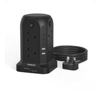 TESSAN Tower Extension Lead with 5 USB Slots, 8 Way Power Strip 2M Black | Surge Protected Plug Tower with 4 Individual Switch, 2M Cable, 13A 3250W, Multi Plug Adaptor