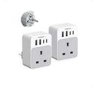 TESSAN UK to European Plug Adapter 2 Pack, Grounded Travel Plugs UK to EU with 4 USB Ports (2 USB C), Travel Adapter UK to Europe, Euro France Spain Germany Turkey Greece Portugal Egypt (Type E F)