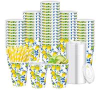 Tessco 150 Pcs 50 Sets Capri Lemon Paper Cups with Lids and Straws - 12 oz Blue Tiles Italian Lemon Cold Cups for Amalfi Coast Party, Bridal Shower, Wedding Supplies