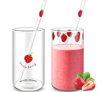 Tessco 2 Sets Strawberry Cups Nana Strawberry Glass Cup with Straw Glass Tumbler Drinking Cherry Clear Tumbler Berry Pattern Glasses Bottle for Juice Water Milk Coffee Tea(Cute)