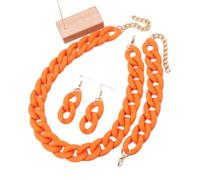 4pcs/Set Acrylic Link Chain Choker Necklace for Women Bohemain Matte Colorful Statement Earrings Bracelet Necklaces Jewelry Sets,Orange Red,One size