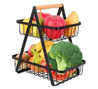 TESSTSY 2 Tier Fruit Basket, Vegetable Storage Baskets, Tiered Fruit Bowl | Stainless-steel with Baked Enamel Finish, Vegetable Storage, Tiered Countertop Fruit Rack,Wood Handle for Kitchen Use