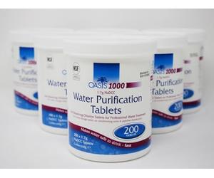 TEST ALL WATER - Oasis 1000 Water Purification Tablets | WHO Recommended 5ppm | Purifies in 30 Mins | NSF/ANSI Certified | 200 Tablets per Pot | Pack of 6 | Water Steriliser Tablets