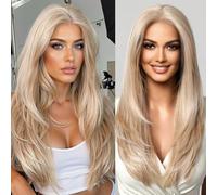testar 13×6 HD Lace Long Blonde Lace Front Wig for Women 22 Inch Platinum Blonde Wig Straight Hair Natural Layered Glueless Synthetic Lace Wigs Middle Part for Party/Halloween/Daily Use(613 Blonde)