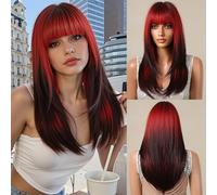 Testar Ombre Red Black Wig for Black Women - Long Straight With Bangs, Natural Looking Synthetic, Heat Resistant, Layered for Cosplay and Daily Use
