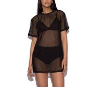 Testudineus Women Sexy Beach Cover Ups See Through Sheer Mesh Short Sleeve T-Shirt Dress - Black - Large