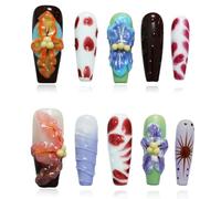 Tesytto Long Coffin Press On Nails with 3D Floral Design - Summer Multicolor Thick Luxury False Nails Reusable Acrylic Nails (Summer Stories,L)