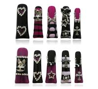 Tesytto Metallic Gothic Press on Nails - Duck Nails Tip False Nails Black Purple Hot Pink with 3D Metal Cross, Star, Heart, Bow & Rabbit Charms, Extra Long Full Cover for Parties (Dark Romance, M)