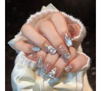Tesytto Valentine's Cat Eye Press on Nails Handmade Short Square - Snowflake & Luxe Tree Light Design with 3D Pearl Gold Star, Winter False Nails for New Year (Holiday Cateye,S)