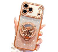 TETAW Compatible with Glitter iPhone 17 Pro Max Case,Sparkly Diamond Butterfly Kickstand Stand,Bling Rhinestones Soft TPU Bumper Case,Crystal Diamond Camera Protective Cover for Women Girls(Orange)