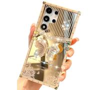 TETAW Cute Compatible with Samsung Galaxy S24 Ultra Case with Luxury Bling Glitter Butterfly Foldable Stand Kickstand,Girly Rhinestone Soft PC Mirror Bumper Protective Cover for Women & Girls(Gold)