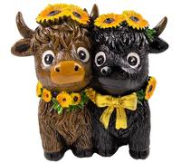 Tetaybon 1 PCS Couple Highland Cow Figurine Spring Sunflower Highland Cow Gnomes Resin Statue Calf Lovers Gifts for Summer Home Garden Kitchen Office Tiered Tray Table Decor
