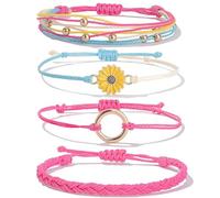 TETING GINING 4 Pcs Handmade Braid Daisy Flower Sunflower Bracelets for Women Jewelry, Adjustable, Cotton, no gemstone