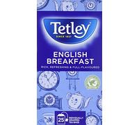 Tetley English Breakfast Black Tea Bags - Strong & Refreshing Morning Brew - Premium Blend with Assam & African Teas - Rainforest Alliance Certified - 25 Individually Wrapped Teabags (1 Pack)