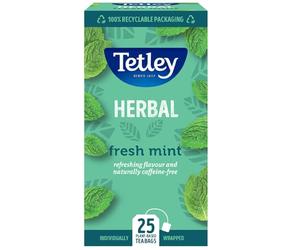 Tetley Fresh Mint Tea Bags - Refreshing Peppermint & Spearmint Blend - Naturally Caffeine-Free - Smooth & Cooling Herbal Infusion - Rainforest Alliance Certified - 25 Teabags (1 Pack)
