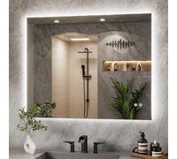 TETOTE 100x80cm Bathroom Mirror with LED Light, Rechargeable Illuminated Vanity Mirror with Backlit Light, Multifunction Smart Bathroom Mirror, Anti-Fog Wall Mounted Mirror, 3 Colors Dimmable