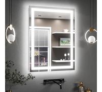 TETOTE 60x90cm Bathroom Mirror with Led Lights, Antifog Wall Vanity Mirror with Lights Back and Front Lit, 3 Colour Dimmable Illuminated Bathroom Rectangle Digital Smart Mirrors