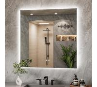 TETOTE 90x90cm Bathroom Mirror with LED Light, Rechargeable Illuminated Vanity Mirror with Backlit Light, Multifunction Smart Bathroom Mirror, Anti-Fog Wall Mounted Mirror, 3 Colors Dimmable