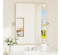 TETOTE Pivot Bathroom Mirror Brushed Nickel 24 x 30 Tilting Beveled Rectangle Metal Framed Mirror, Farmhouse Adjustable Tilt Rounded Corner Vanity Mirror, Horizontal/Vertical, Easy to Install