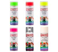 Tetrion Easy Spray Paint 400ml, pack of 6 Fluorescent Orange, Yellow, Pink, Clear Lacquer and Hi-Build White Primer Acrylic, quick-dry for wood, metal, ceramic, plastic, indoor/outdoor.