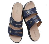 TETSUO Womens Blue Sandals Flat Dressy Summer Open Toe Comfortable Walking Sandal Arch Support Slide Sandals Adjustable Strap Slip On Ladies Sandals