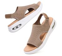 TETSUO Womens Comfortable Summer Sandals Air Cushion Support Khaki Walking Sandals Breathable Knit Slingback Platform Dressy Sandal Shoes