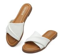 TETSUO Womens Flat Sandals Slip On White Slide Sandals Soft Comfortable Summer Slippers Dressy Walking Shoes