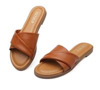 TETSUO Womens Summer Flat Sandals Open Toe Slip On Brown Cute Dress Slide Sandals Comfort Walking Shoes
