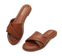 TETSUO Womens Summer Flat Sandals Open Toe Slip On Brown Cute Dressy Slide Sandals Comfort Walking Shoes