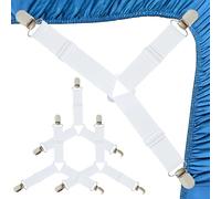 Teuena 4 Pcs Bed Sheet Clips Fitted Bedding Sheets Straps Grippers Fasteners Adjustable Mattress Cover Clips in Place Elastic Bands Triangle Bed Corner Holder Suspenders Bedsheet Tie Downs (White)